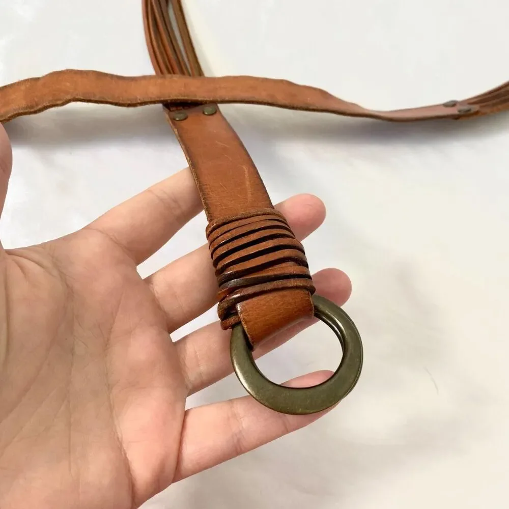 Brown Slim String Boho Leather Waist Belt Double Clasp Ring XL 48